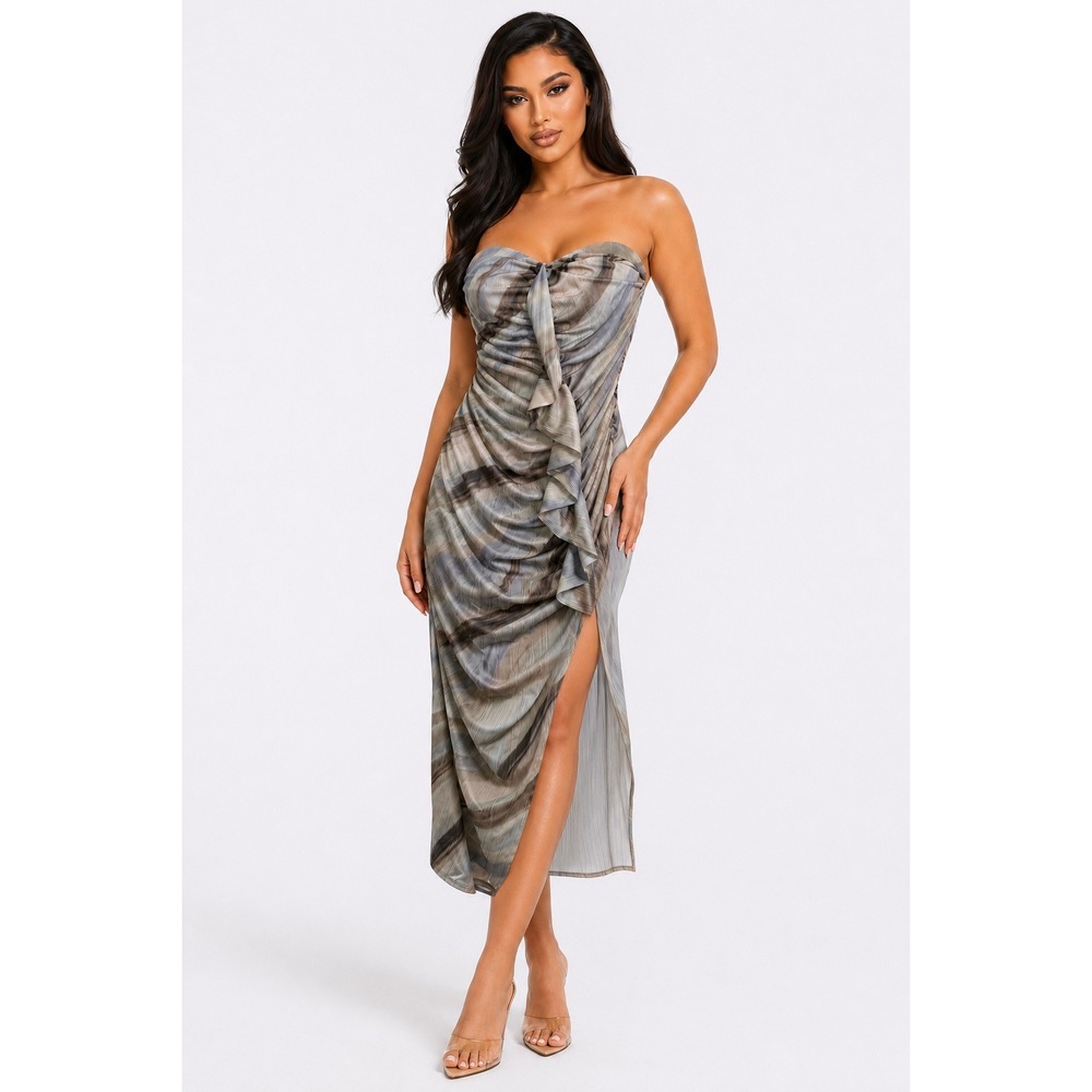 bebe Strapless Printed Mesh Ruched Ruffle Midi Dress Grey Abstract Size M NEW